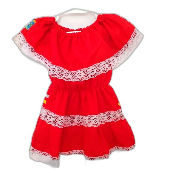Spring Dress Red with white lace flowers ribbon in yellow and white - Picture 2 of 2
